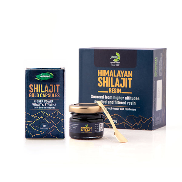 Shilajit Synergy Combo - Himalayan Shilajit Resin 20 gm and Shilajit Gold Capsules 30 Cap