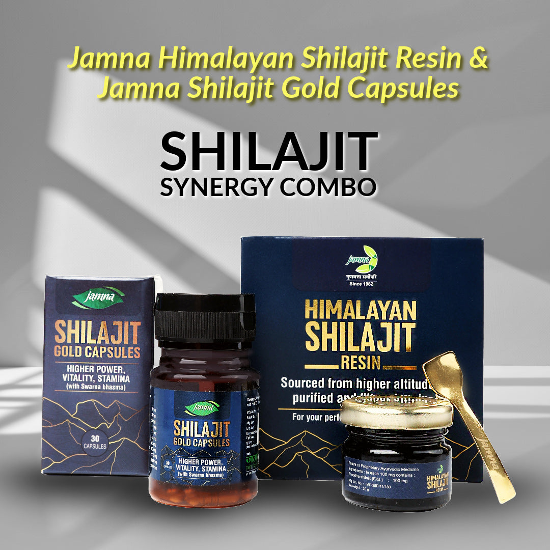 Shilajit Synergy Combo - Himalayan Shilajit Resin 20 gm and Shilajit Gold Capsules 30 Cap